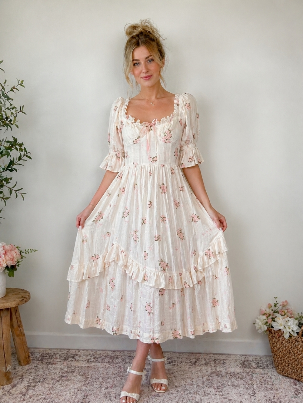 Lace Made Rose’s Smile Corset Dress II Cottagecore Floral Midi XS NWT